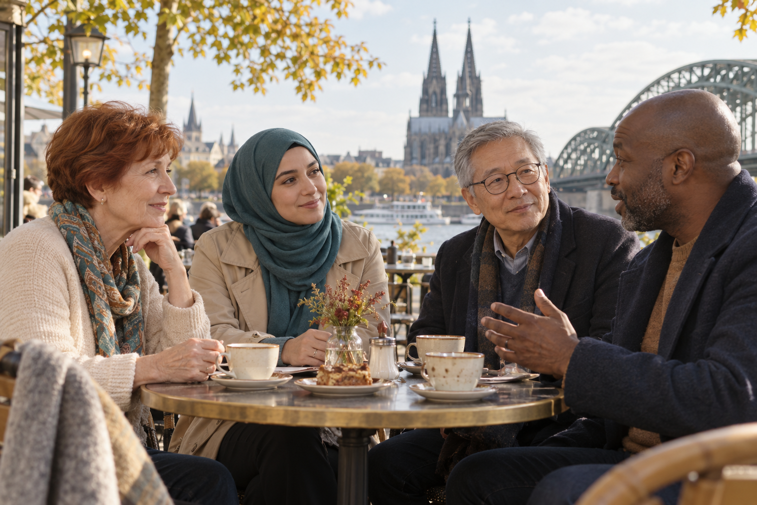 Vier Menschen verschiedener Generationen im Gespräch im Café